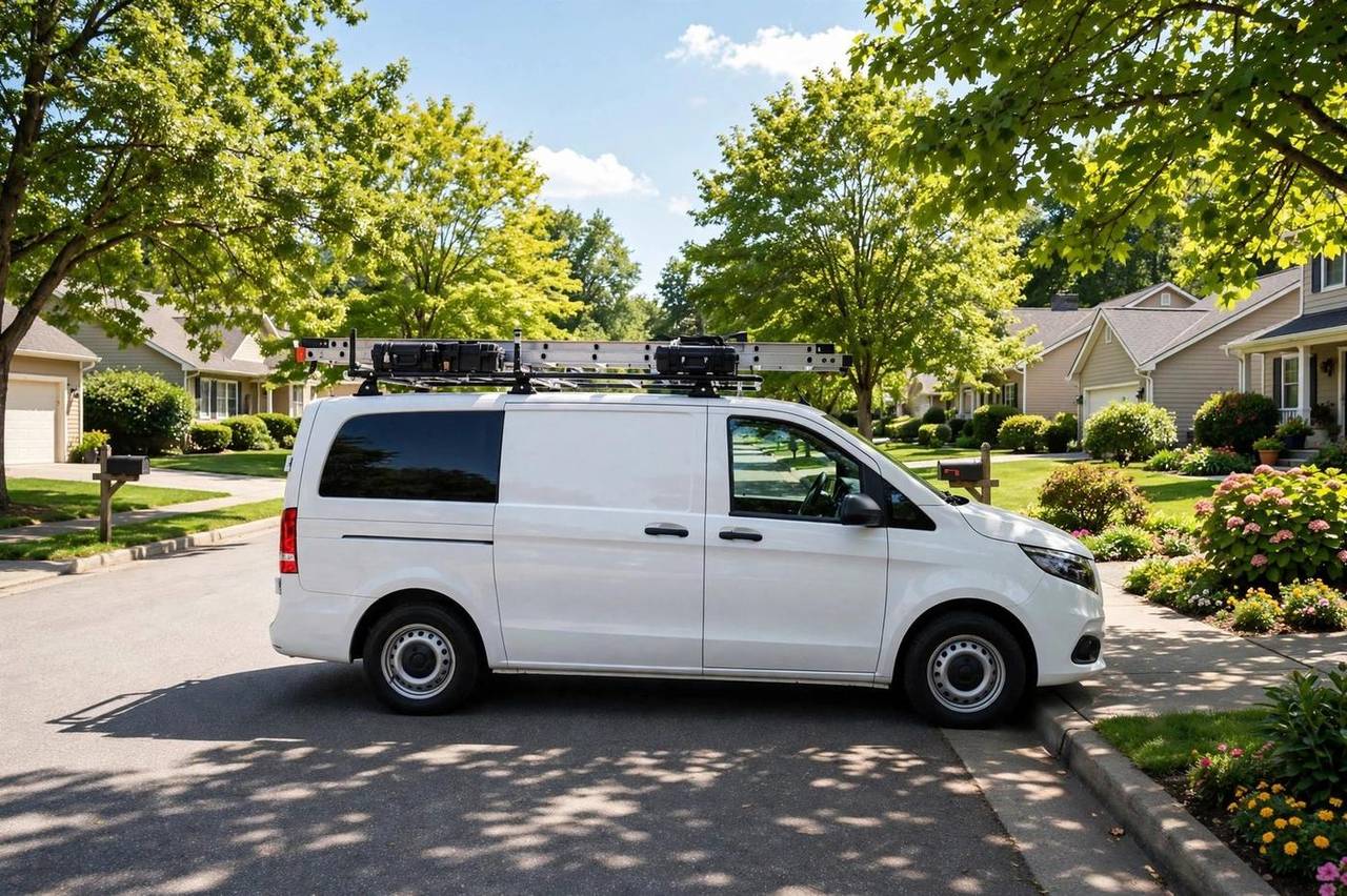 Pest control service van parked on a sunny suburban street