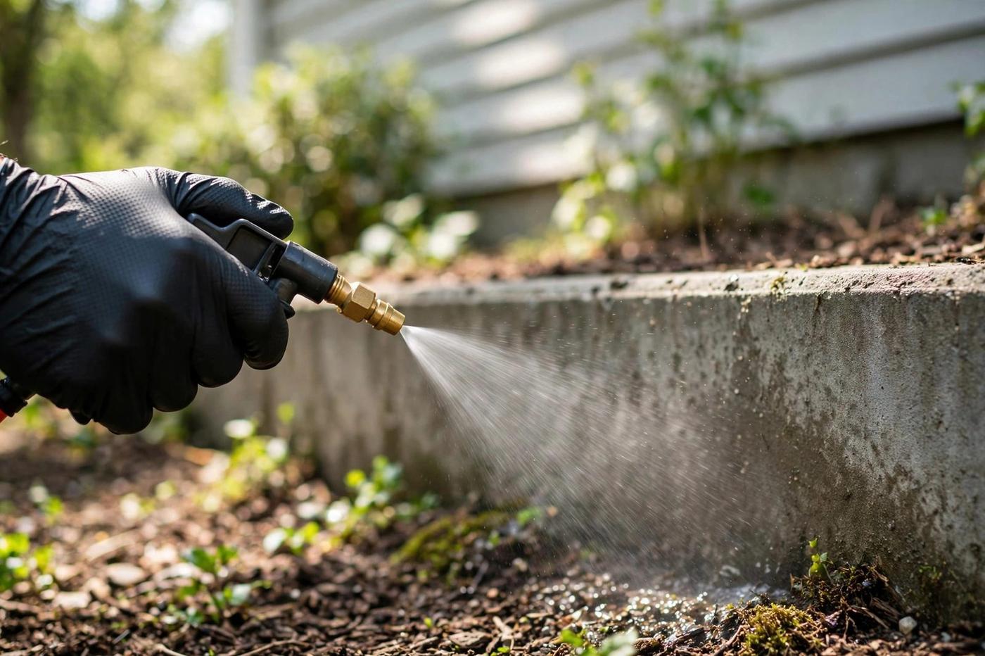 Technician treating a home foundation on a bright day